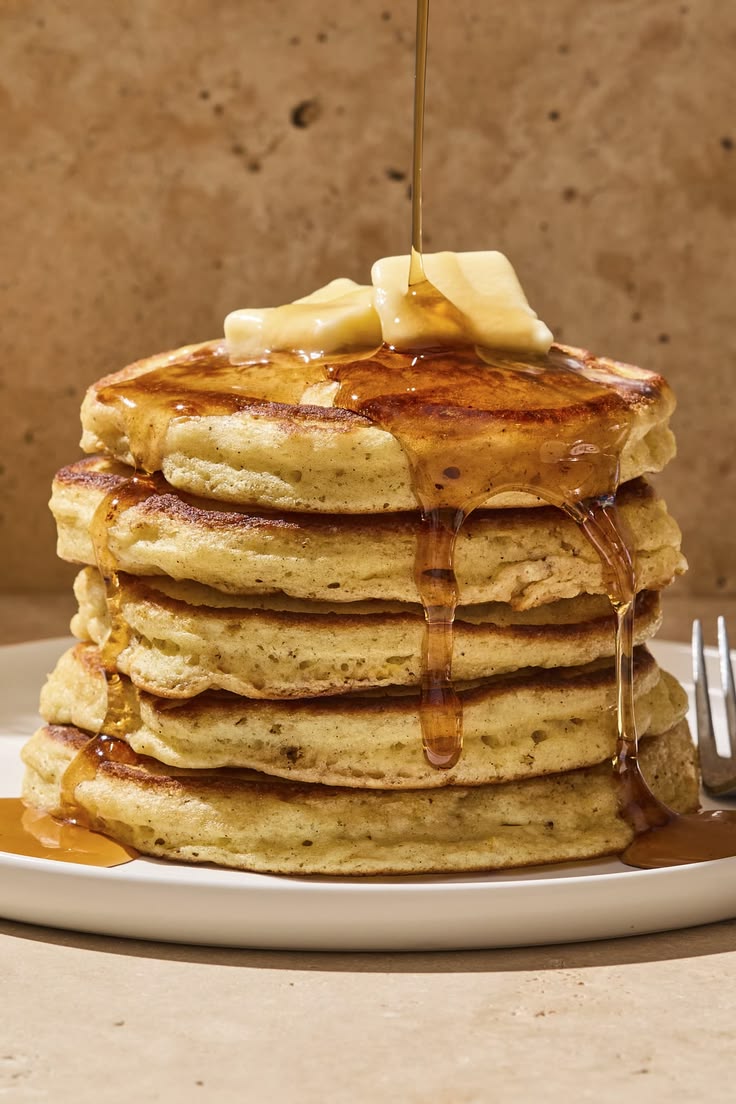 Tall stack of Kava's pancakes